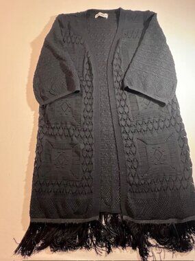 GRACE KARIN black knit cardigan pointelle pattern stylish FRINGED hem Medium